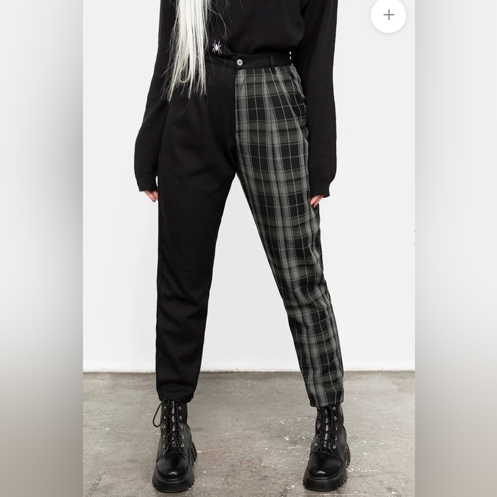 Disturbia Two-Tone Black and Olive Plaid Trousers UK 10 US 6